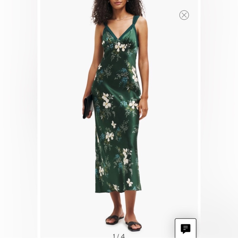 Reformation Green Flower Silk Dress